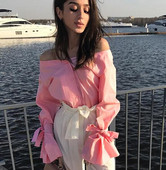 Naprakész női ing leesett ujjú és lótusz ujjú rózsaszín színben