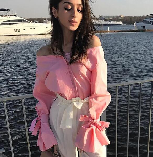 Naprakész női ing leesett ujjú és lótusz ujjú rózsaszín színben