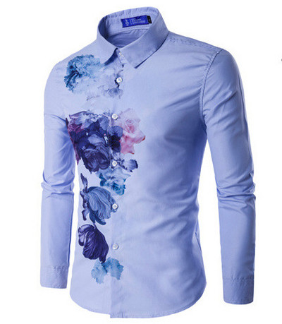 Cămașă pentru bărbați cu motive florale în alb și albastru