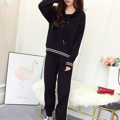 Γυναικείο πλεκτό σετ μπλούζα με κουκούλα και κορδόνια και παντελόνια - τέσσερα χρώματα