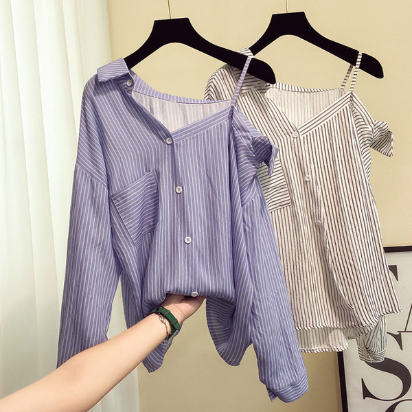Érdekes modell női csíkos ing ejtett váll és zseb elemmel négy színben