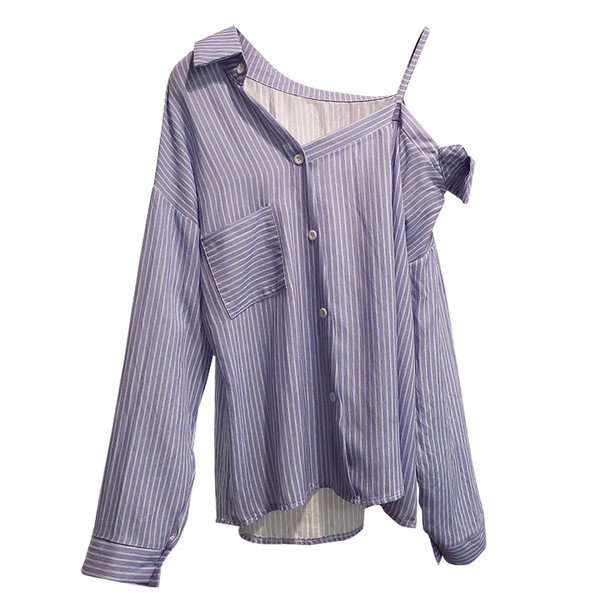 Érdekes modell női csíkos ing ejtett váll és zseb elemmel négy színben