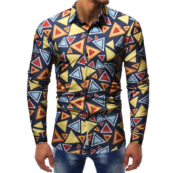 Cămașă pentru bărbați de culoare închisă cu forme geometrice colorate