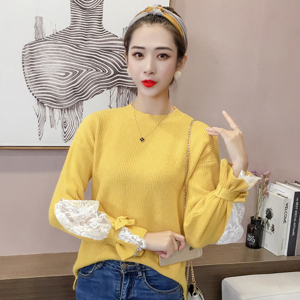 Μοναδικό γυναικείο πουλόβερ με δαντέλα στο μανίκι - τέσσερα χρώματα