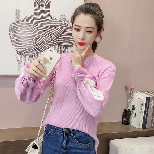 Μοναδικό γυναικείο πουλόβερ με δαντέλα στο μανίκι - τέσσερα χρώματα