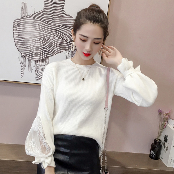 Μοναδικό γυναικείο πουλόβερ με δαντέλα στο μανίκι - τέσσερα χρώματα