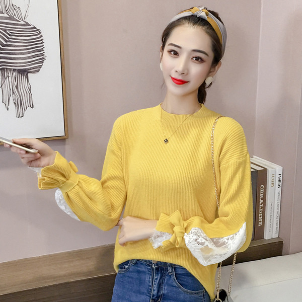 Μοναδικό γυναικείο πουλόβερ με δαντέλα στο μανίκι - τέσσερα χρώματα