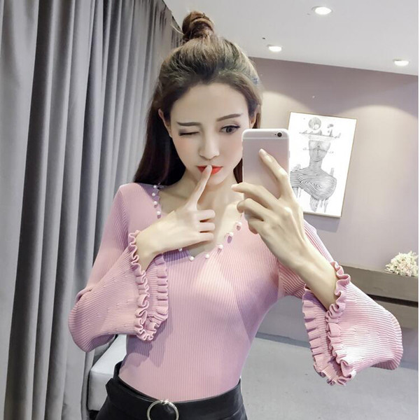 Γυναικεία κομψή μπλούζα με μανίκι λωτού και πέρλες διακόσμησης