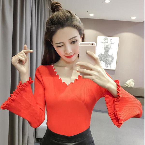 Γυναικεία κομψή μπλούζα με μανίκι λωτού και πέρλες διακόσμησης