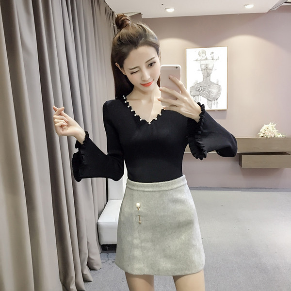 Γυναικεία κομψή μπλούζα με μανίκι λωτού και πέρλες διακόσμησης