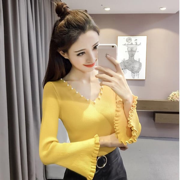 Γυναικεία κομψή μπλούζα με μανίκι λωτού και πέρλες διακόσμησης