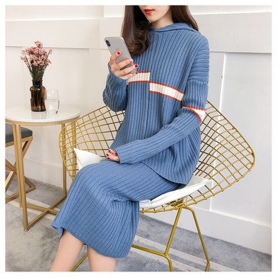 Két részből álló női kötőszett - szoknya + kapucnis blúz három színben