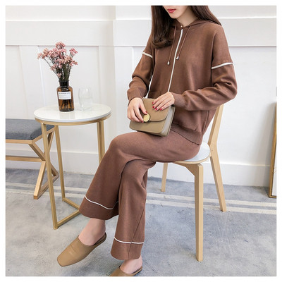 Γυναικείο πλεκτό σετ - μπλούζα με κουκούλα + παντελόνι σε τρία χρώματα