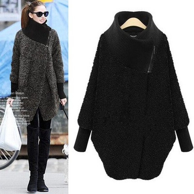 Egyedi női kabát fekete és szürke színben, magas gallérral