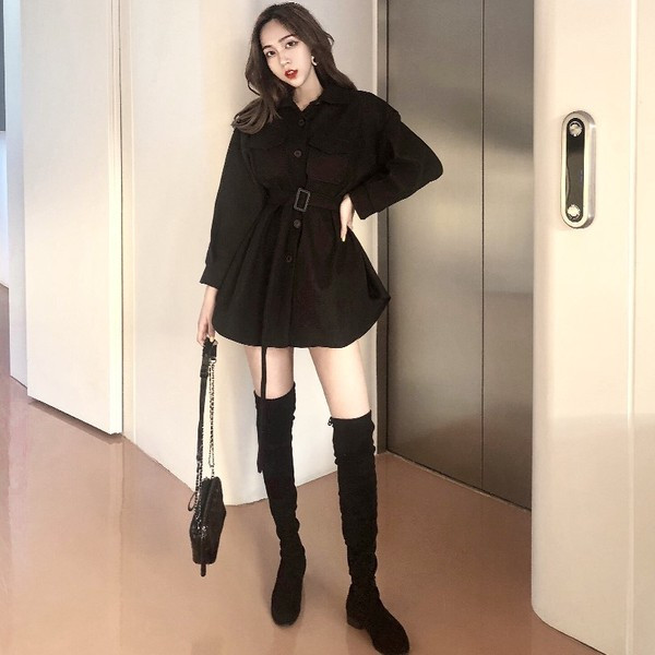 Γυναικείο παλτό για το θινόπωρο με τσέπες και ζώνη σε δύο χρώματα