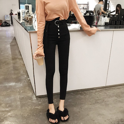 Модерен дамски панталон с висока талия и копчета в черен цвят - Slim модел