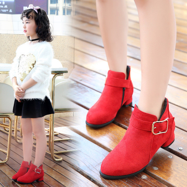 Ghete moderne pentru copii pentru fete din piele intoarsa ecologica in negru, rosu si roz