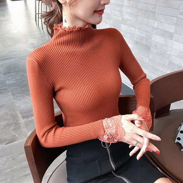 Stílusos női pulóver csipkével az ujjakon, öt színben