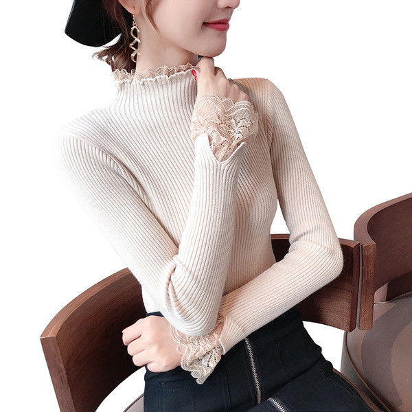 Stílusos női pulóver csipkével az ujjakon, öt színben