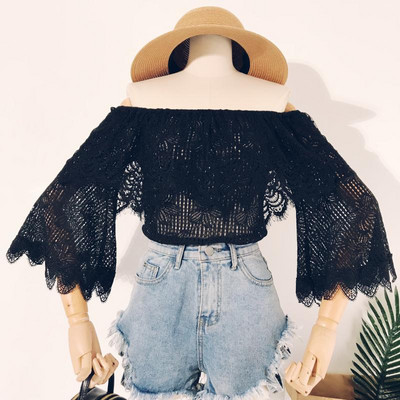 Bluză de damă din dantelă cu umerii deschiși și mâneci largi în trei culori