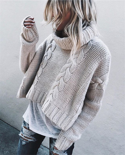 ХИТ Актуален дамски пуловер с висока яка широк модел 