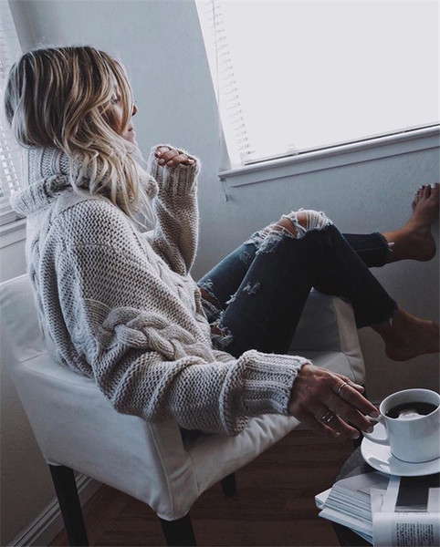 HIT Μοντέρνο γυναικείο πουλόβερ  με υψηλό περιλαίμιο ευρύ μοτίβο