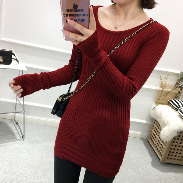 Alkalmi női hosszú pulóver O-nyakú piros színben