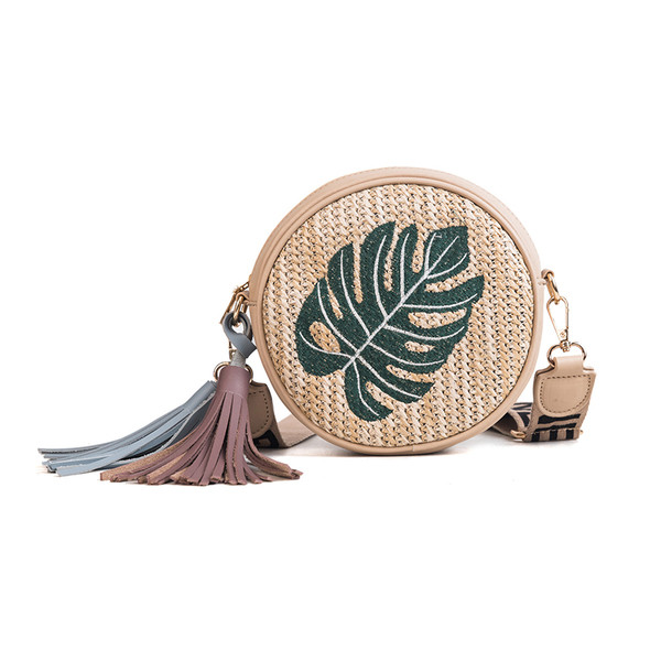 Κυκλική γυναικεία τσάντα με φούντες και διάφορα κεντήματα