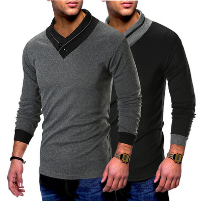 Тънък мъжки пуловер с V-образно деколте в черен и сив цвят