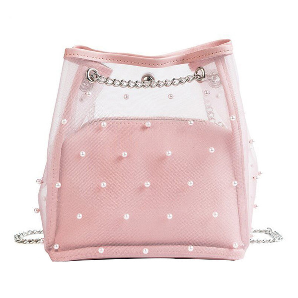 Γυναικεία τσάντα με μαργαριτάρια και μεταλλικό ιμάντα