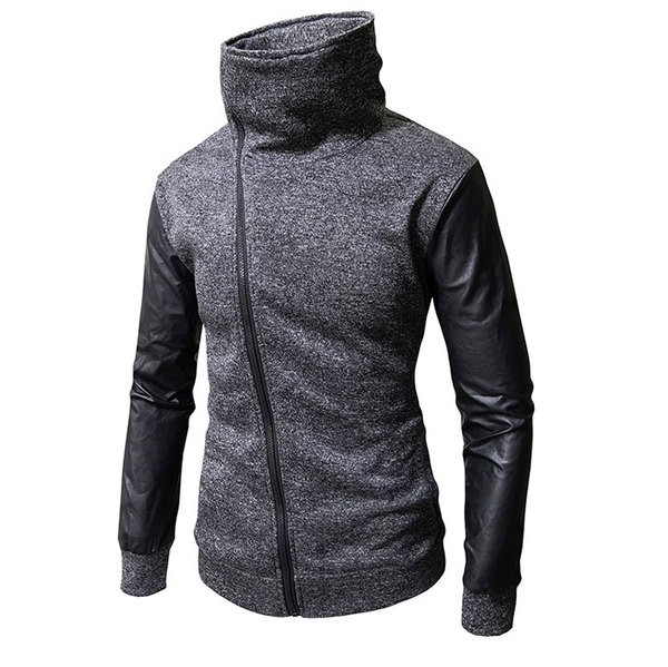 Férfi pulóver magas gallérral, oldalsó rögzítéssel és műbőr ujjakkal, két színben