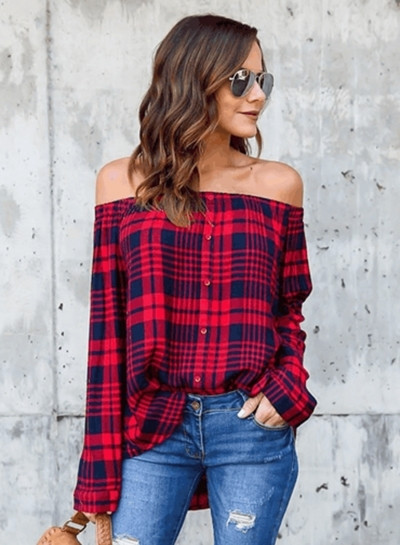 Γυναικεία μπλούζα με κουμπιά σε μαύρο και κόκκινο χρώμα