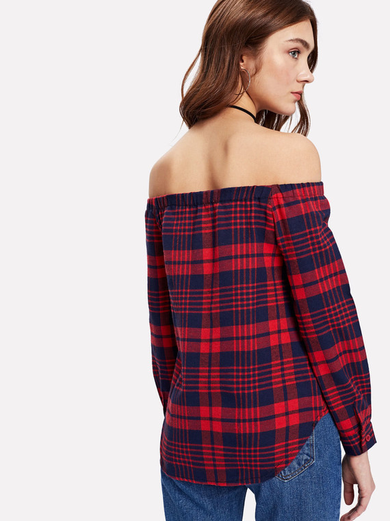 Γυναικεία μπλούζα με κουμπιά σε μαύρο και κόκκινο χρώμα