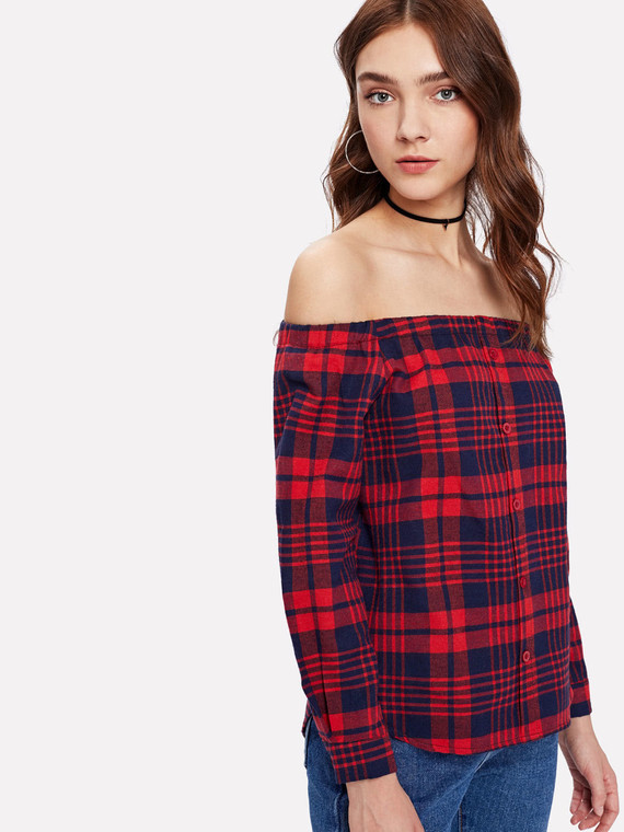 Γυναικεία μπλούζα με κουμπιά σε μαύρο και κόκκινο χρώμα