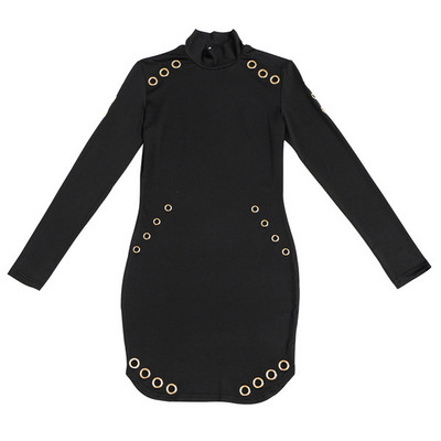 Női rövid ruha hosszú ujjú, fém elemekkel fekete színben