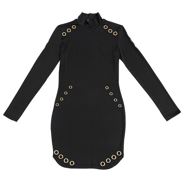 Női rövid ruha hosszú ujjú, fém elemekkel fekete színben
