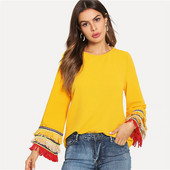 Γυναικεία μπλούζα με φαρδιά μανίκια και κρόσσια σε κίτρινο χρώμα
