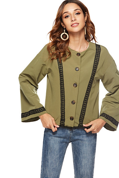 Stílusos női ing O-nyakkal és zöld gombokkal