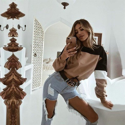 Μοντέρνα γυναικεία  μπλούζα σύντομο μοτίβο με ο-λαιμό