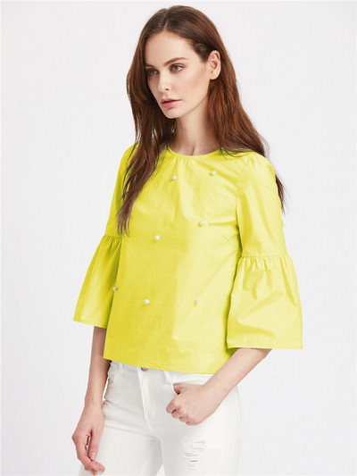 Ριγέ γυναικείο μπλουζάκι με πέρλες  και  3/4  μανίκια  σε τρία χρώματα