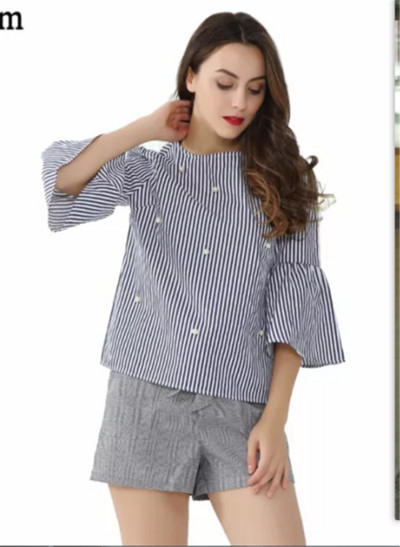 Ριγέ γυναικείο μπλουζάκι με πέρλες  και  3/4  μανίκια  σε τρία χρώματα