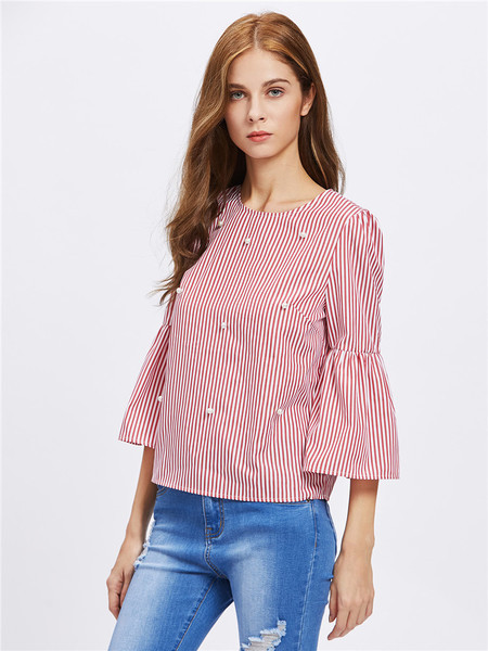 Ριγέ γυναικείο μπλουζάκι με πέρλες  και  3/4  μανίκια  σε τρία χρώματα