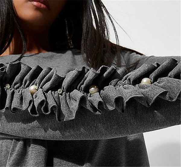 Modern női blúz O-nyakú szürke gyöngyökkel