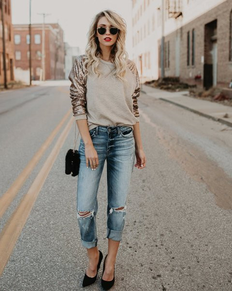 Modern női blúz flitteres ujjakkal