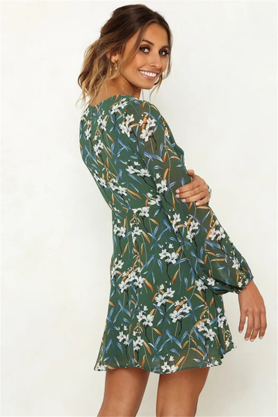 Modern női ruha virágmintás, hosszú ujjú