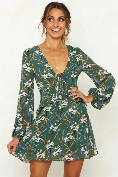 Modern női ruha virágmintás, hosszú ujjú