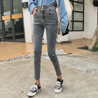 Casual γυναικεία τζιν  με ψηλή μέση σε γκρι χρώμα