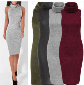 Дамска рокля без ръкави с висока яка в няколко цвята - Slim модел