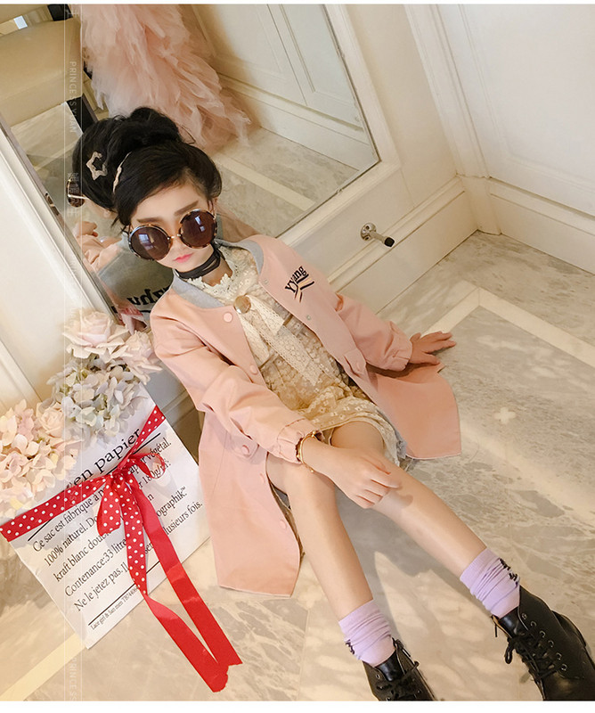 Παιδικό μοντέρνο μακρύ μπουφάν για κορίτσια σε ροζ χρώμα