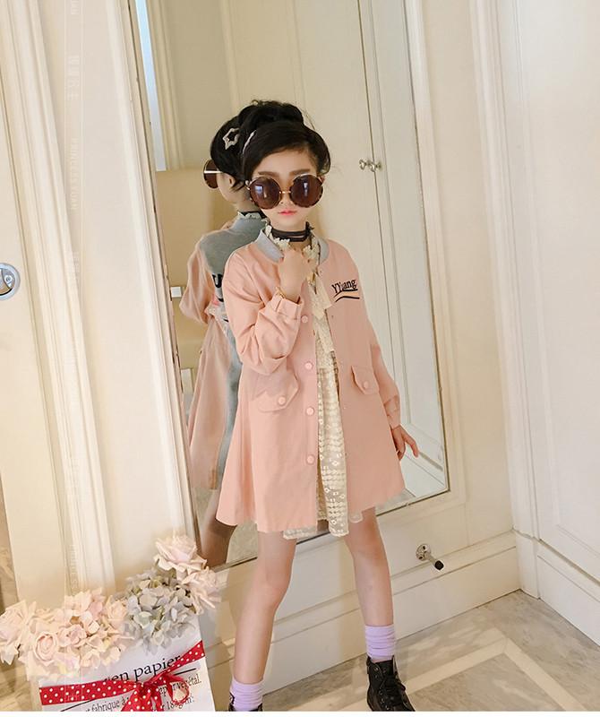 Παιδικό μοντέρνο μακρύ μπουφάν για κορίτσια σε ροζ χρώμα